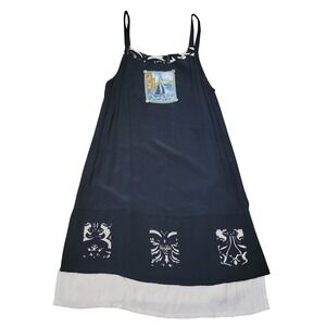 LA Blend L Midi Dress Black Nautical Sailboat Salty Dog Lagenlook Artsy Beach